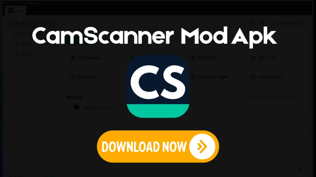 CamScanner MOD APK download banner showing app icon and download button for premium unlocked version
