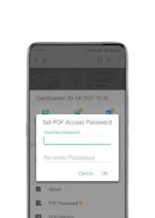 CamScanner MOD APK (Pro, Premium Unlocked, No Watermark) – Latest Version 2026 8 CamScanner PDF password protection feature showing set PDF access password on mobile